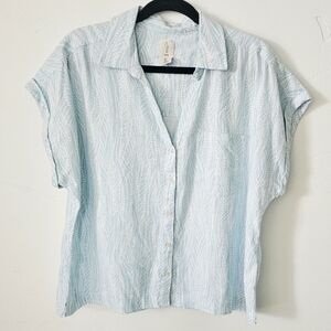 Joie Blue And White Linen Blend Short Sleeves Boxy Button Up Women Blouse Size L